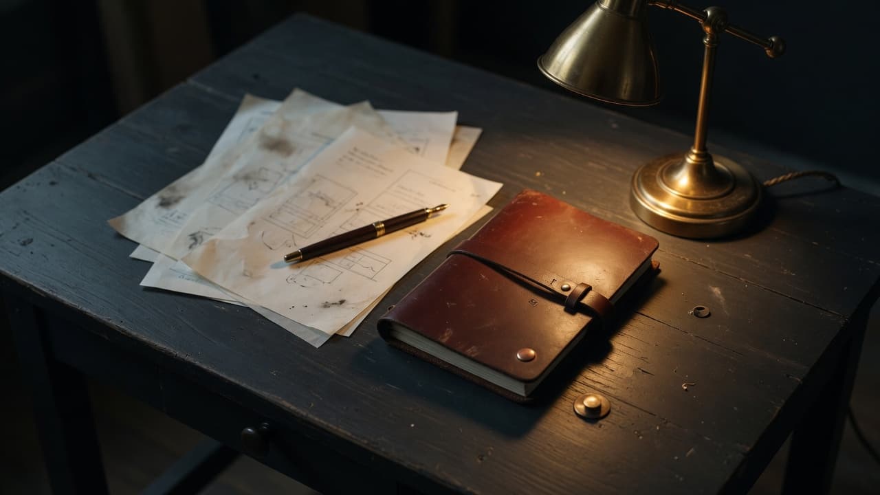 A maker's desk: leather notebook, fountain pen, brass lamp