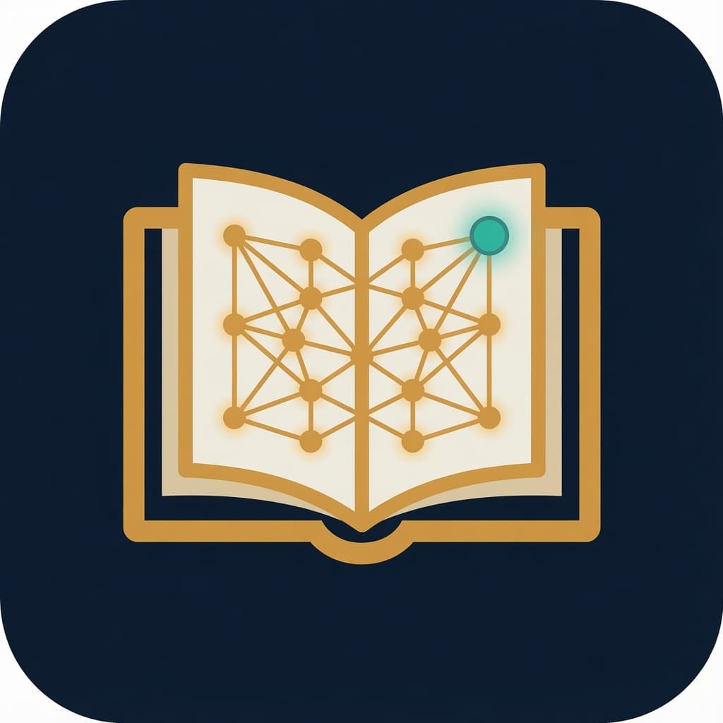 An open book with a gold neural lattice on navy