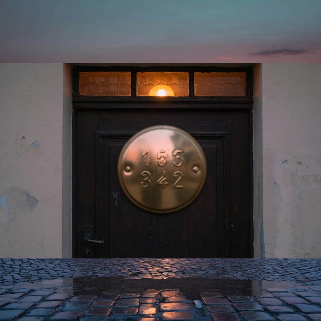 A Berlin doorway at dusk with a brass house-number plaque