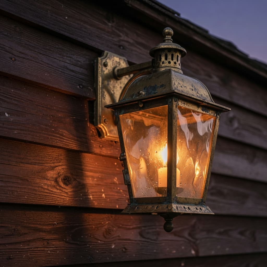 A brass porch lantern on dark wood at dusk